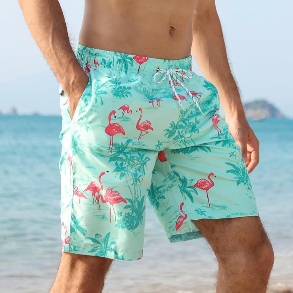 Flamingo Print Swim Trunks - Quick dry. 9" inseam.